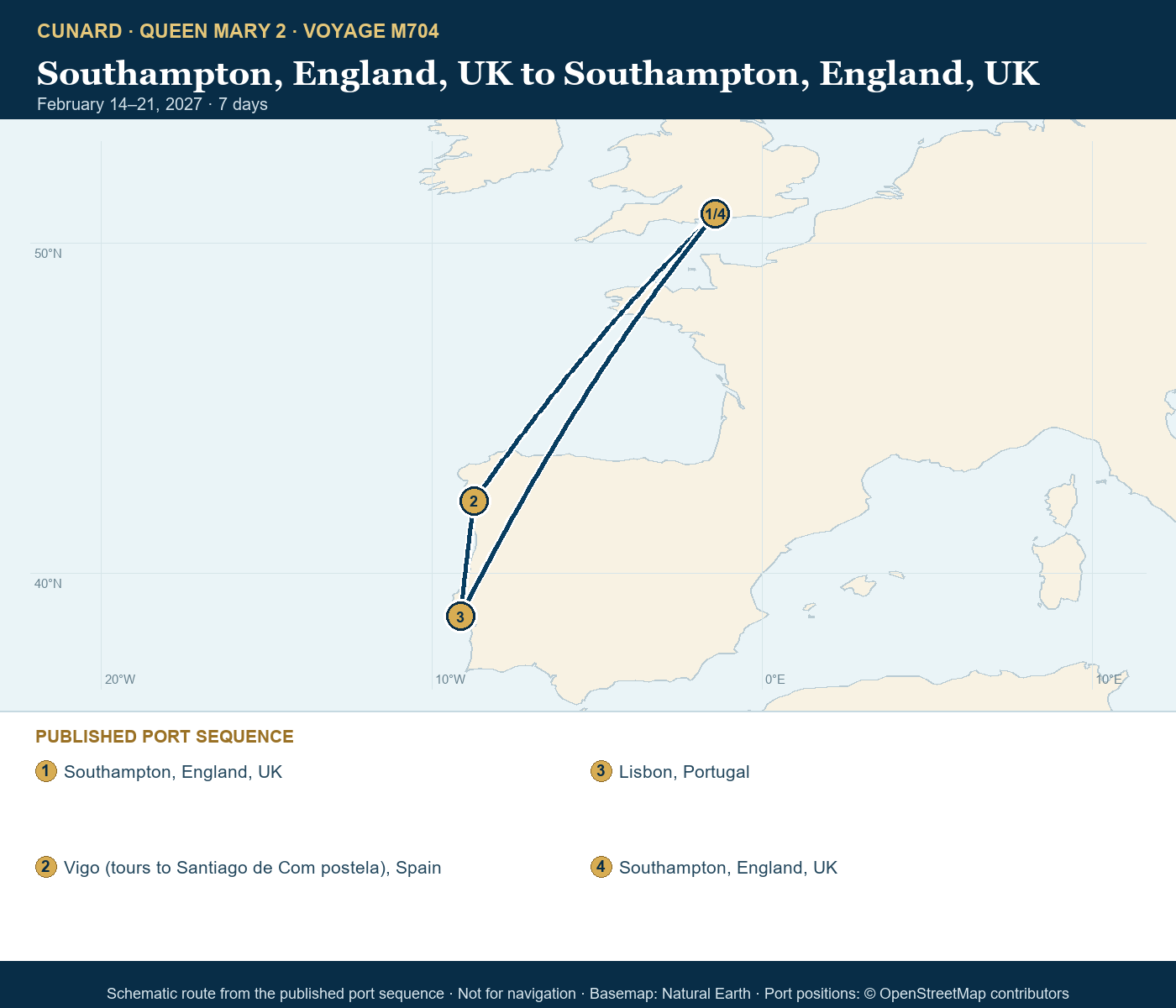 Queen Mary 2 Voyage M704 itinerary route map for Southampton, England, UK to Southampton, England, UK
