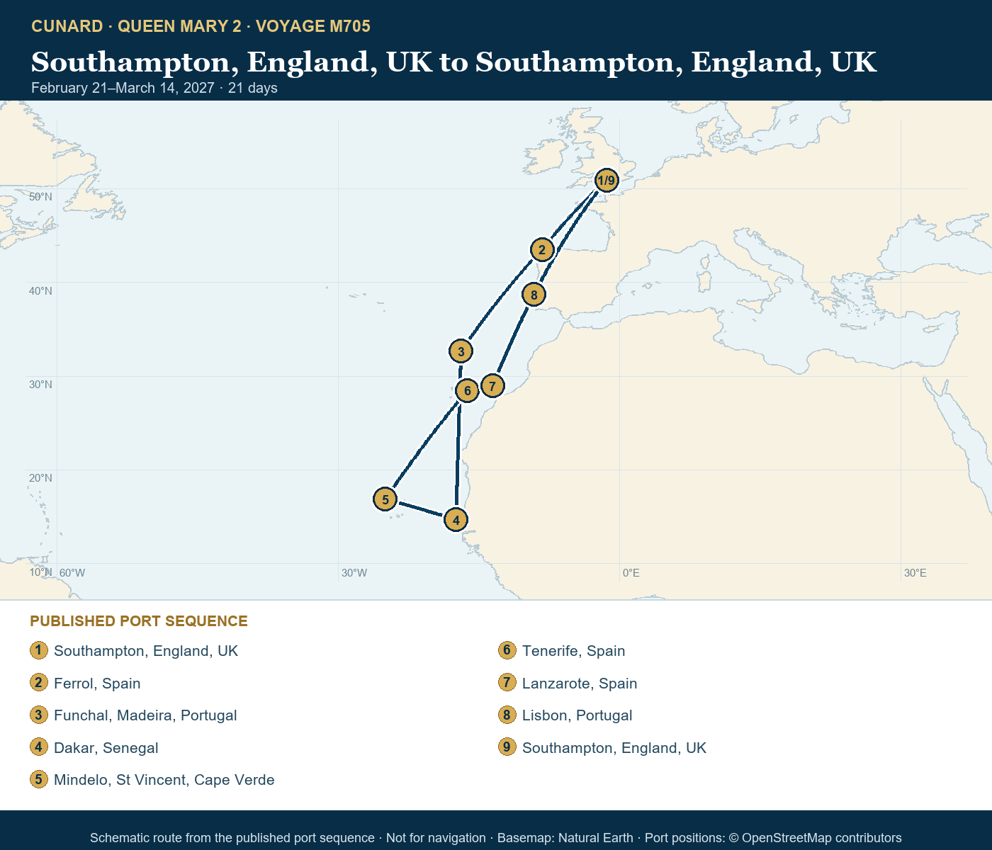 Queen Mary 2 Voyage M705 itinerary route map for Southampton, England, UK to Southampton, England, UK