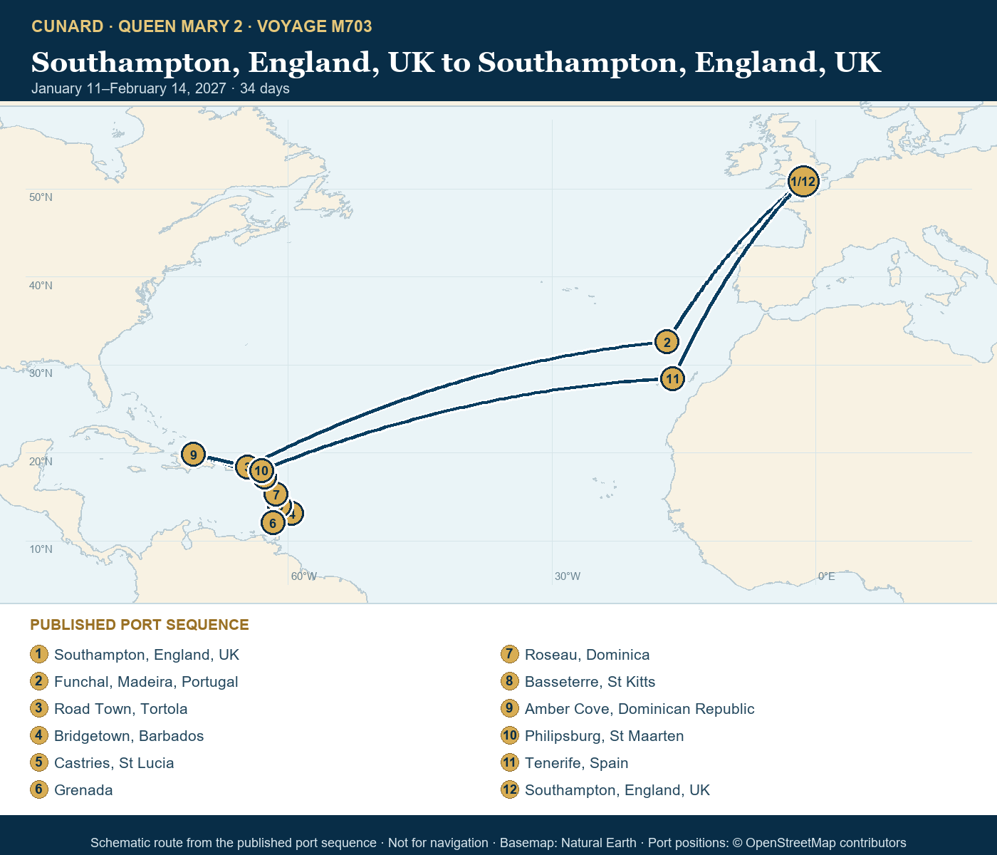 Queen Mary 2 Voyage M703 itinerary route map for Southampton, England, UK to Southampton, England, UK