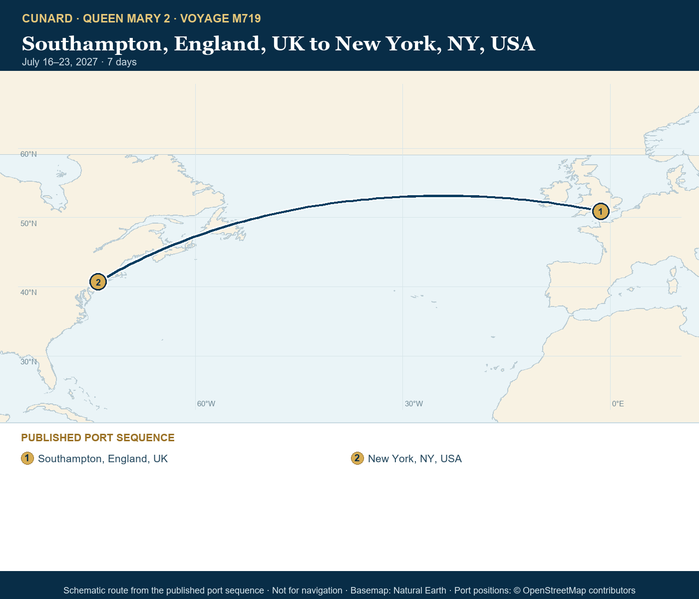 Queen Mary 2 Voyage M719 itinerary route map for Southampton, England, UK to New York, NY, USA
