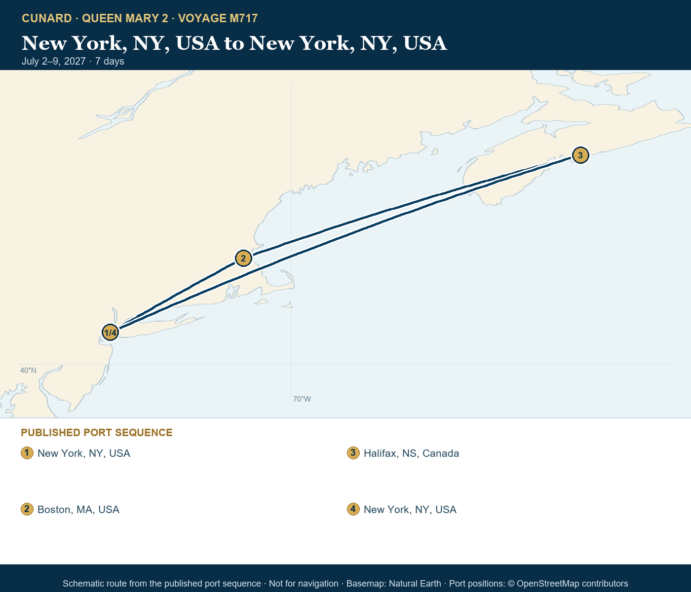 Queen Mary 2 Voyage M717 itinerary route map for New York, NY, USA to New York, NY, USA