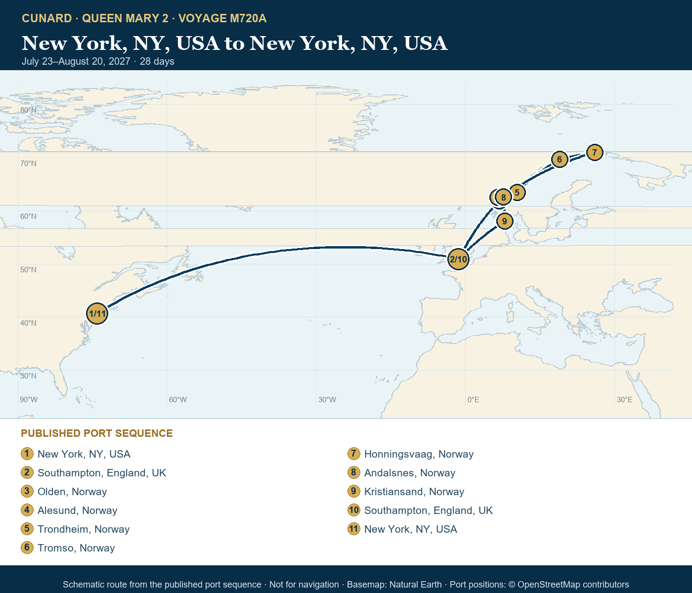 Queen Mary 2 Voyage M720A itinerary route map for New York, NY, USA to New York, NY, USA