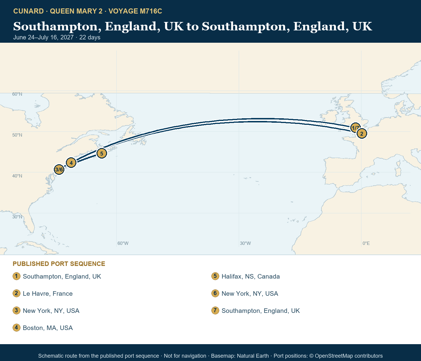 Queen Mary 2 Voyage M716C itinerary route map for Southampton, England, UK to Southampton, England, UK