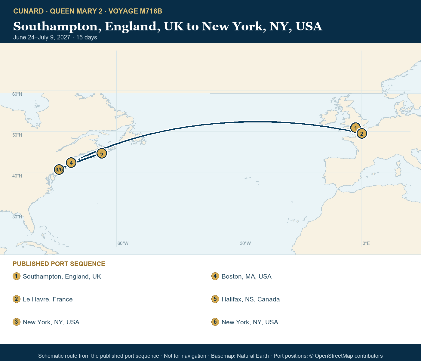 Queen Mary 2 Voyage M716B itinerary route map for Southampton, England, UK to New York, NY, USA