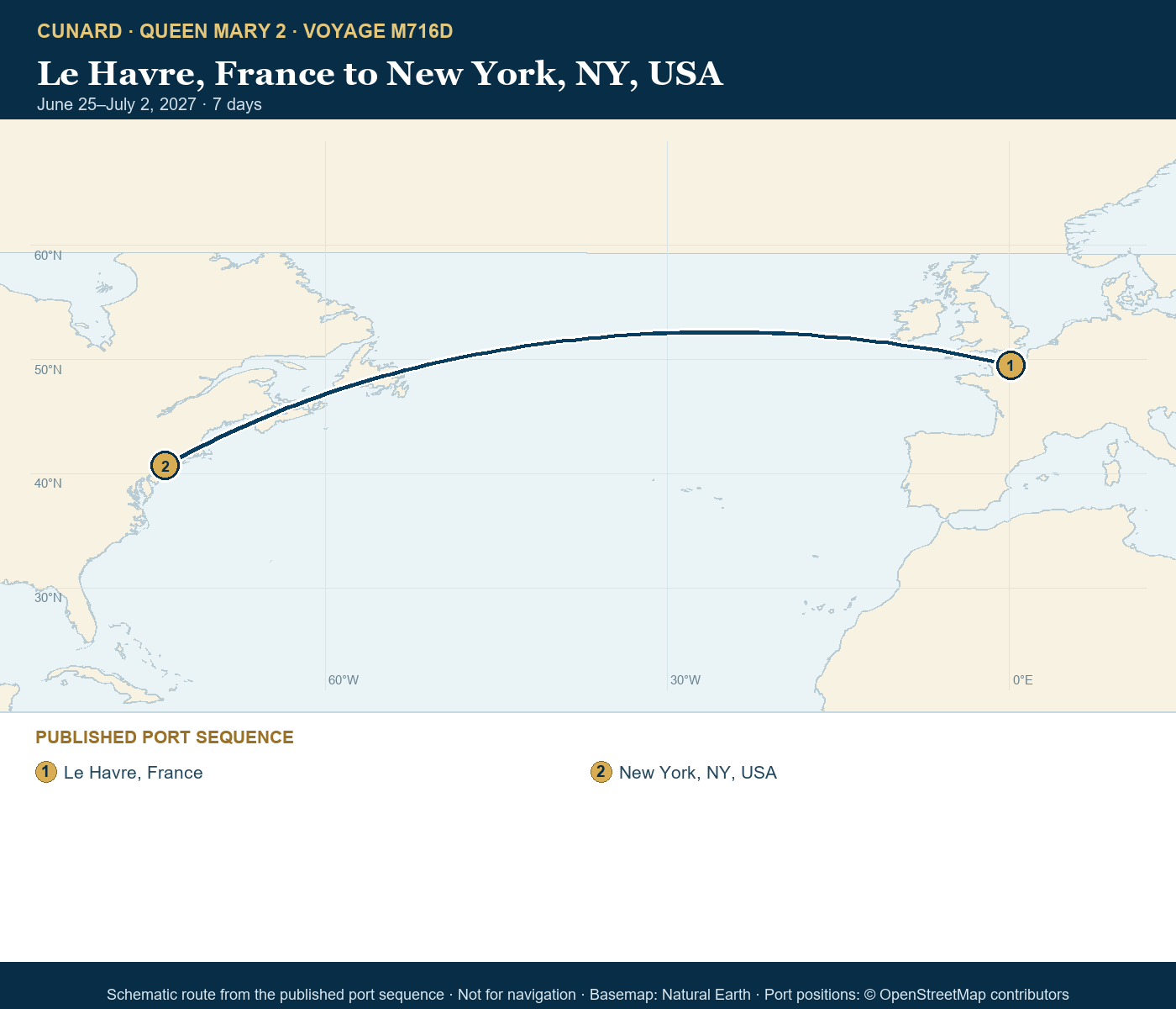 Queen Mary 2 Voyage M716D itinerary route map for Le Havre, France to New York, NY, USA