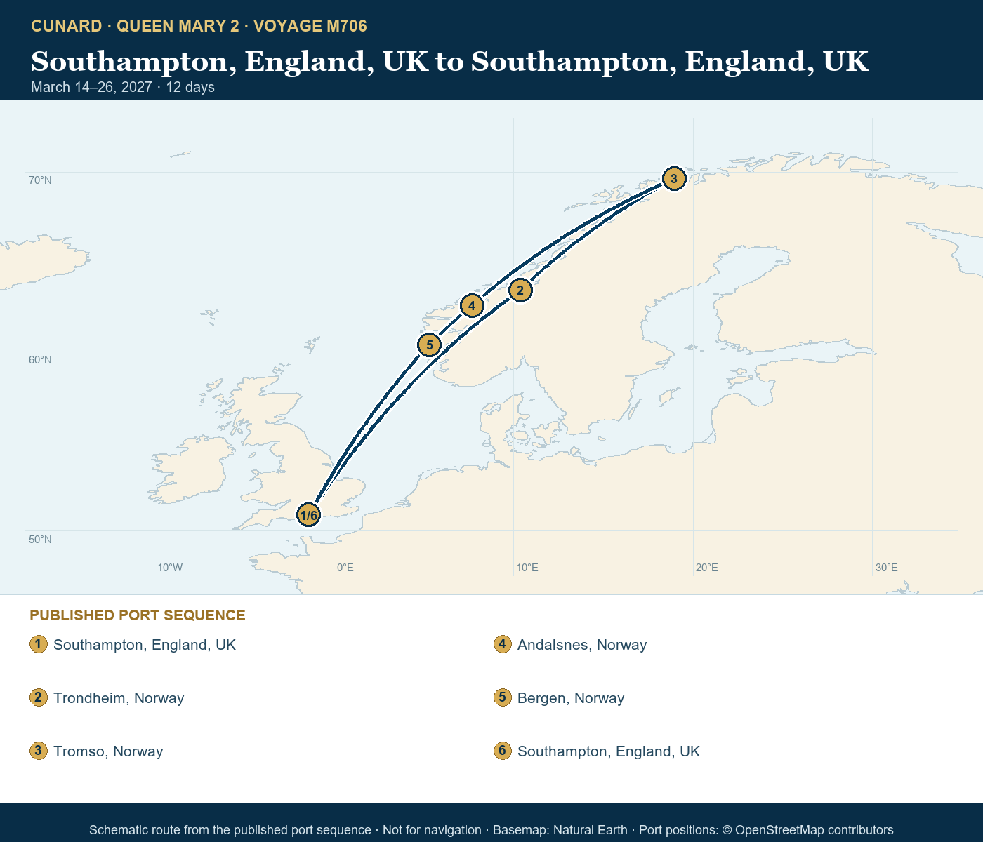 Queen Mary 2 Voyage M706 itinerary route map for Southampton, England, UK to Southampton, England, UK