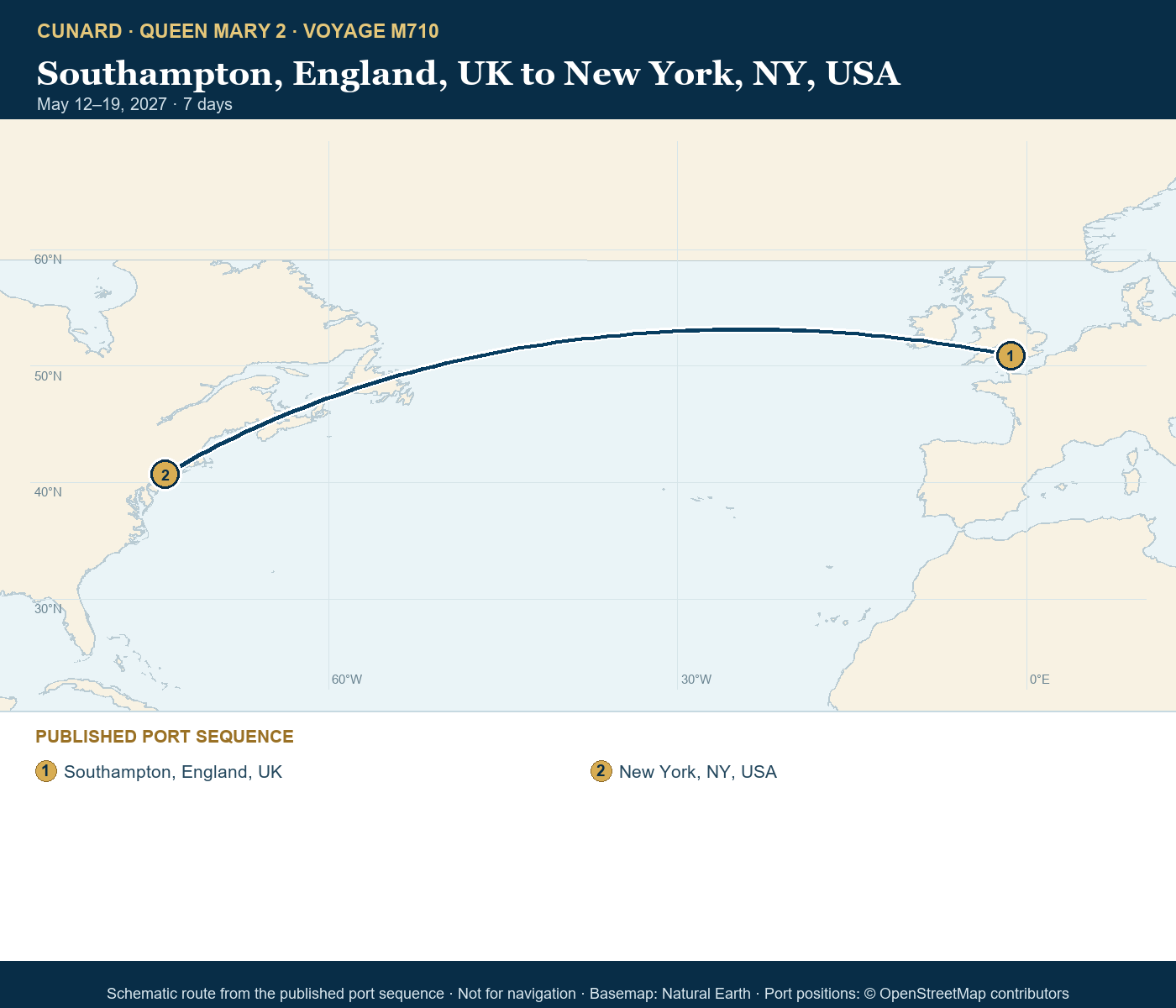 Queen Mary 2 Voyage M710 itinerary route map for Southampton, England, UK to New York, NY, USA