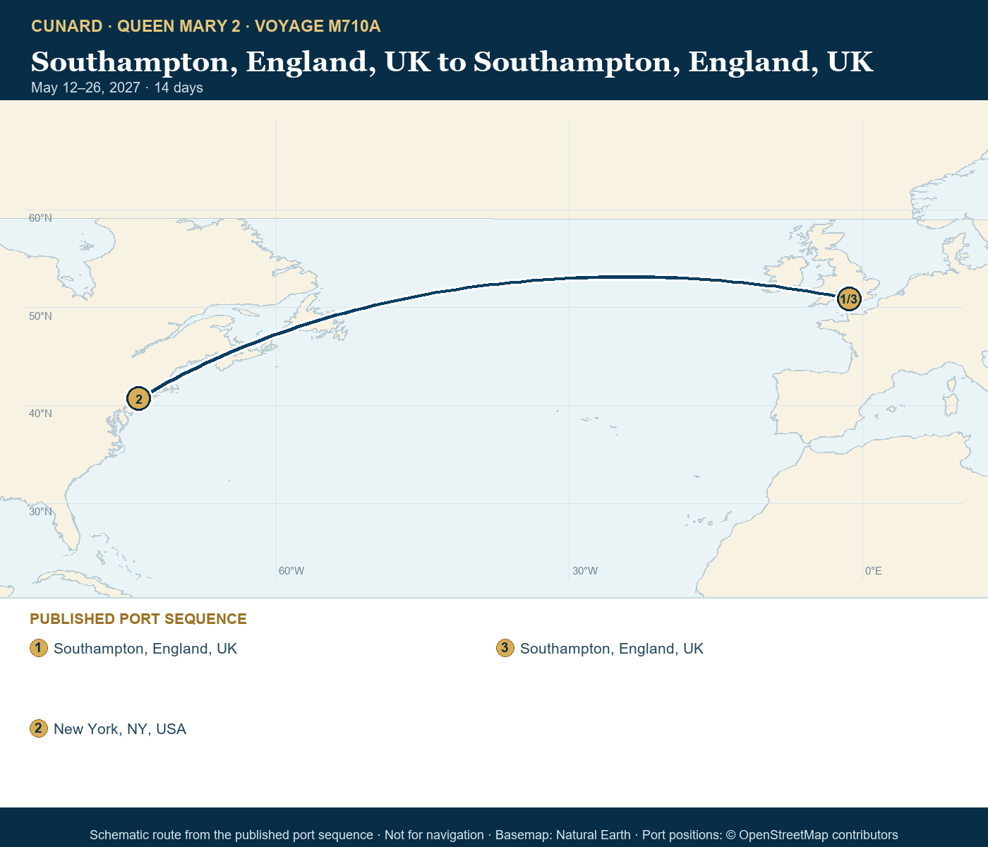 Queen Mary 2 Voyage M710A itinerary route map for Southampton, England, UK to Southampton, England, UK