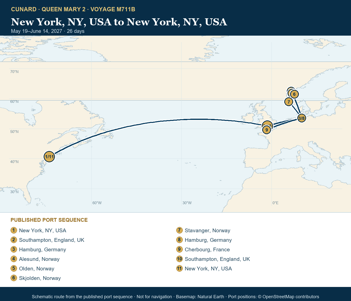 Queen Mary 2 Voyage M711B itinerary route map for New York, NY, USA to New York, NY, USA