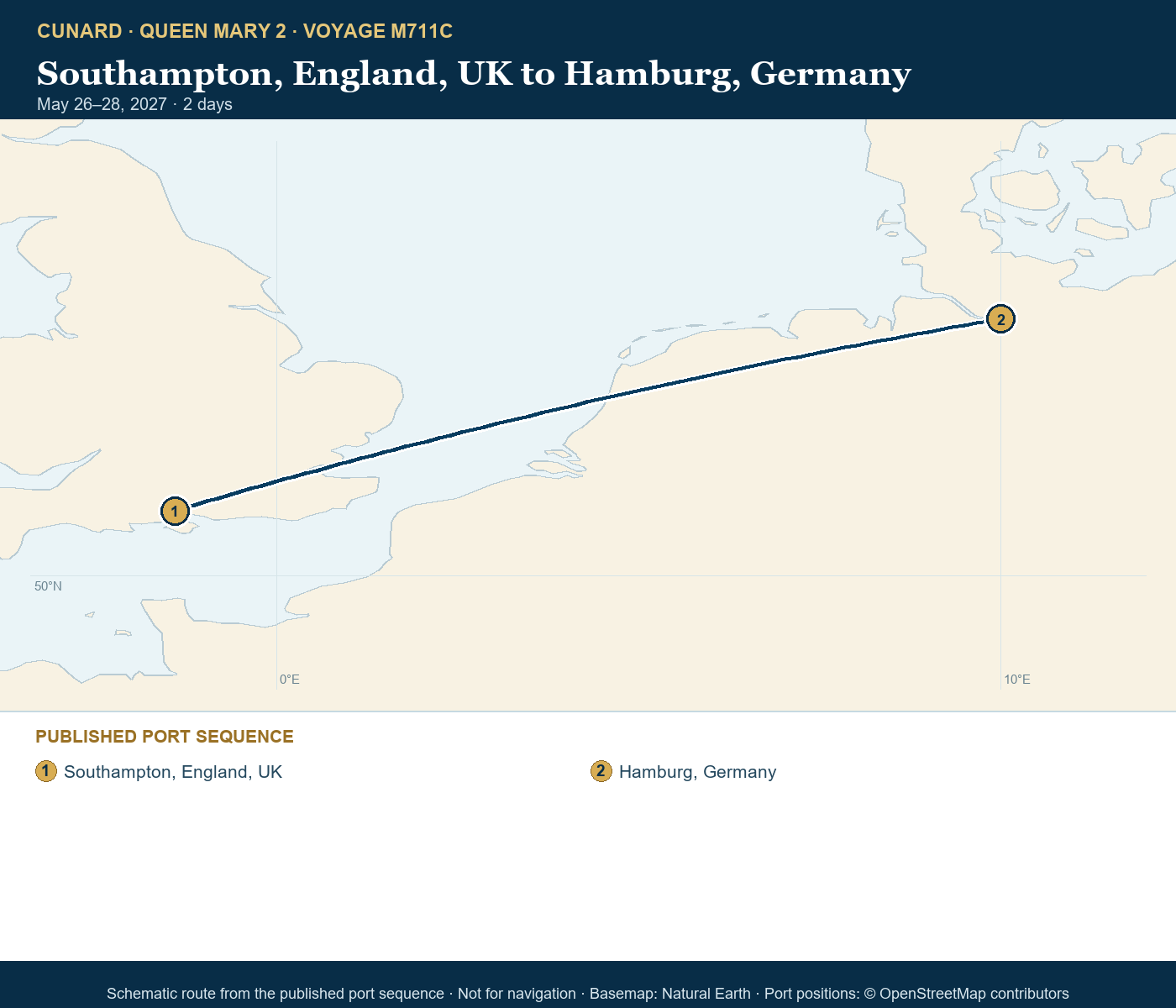 Queen Mary 2 Voyage M711C itinerary route map for Southampton, England, UK to Hamburg, Germany