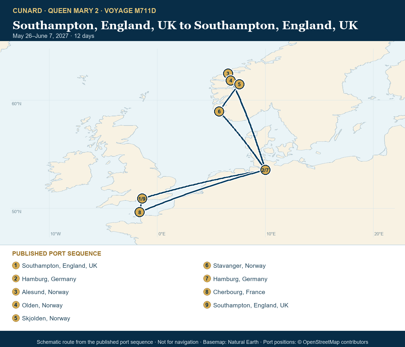 Queen Mary 2 Voyage M711D itinerary route map for Southampton, England, UK to Southampton, England, UK
