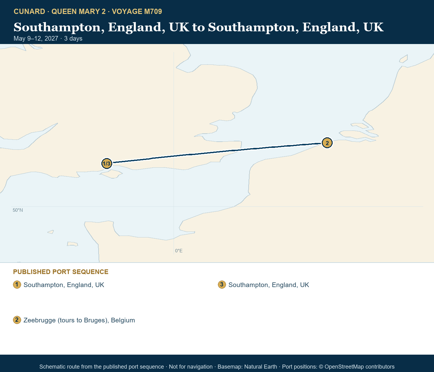Queen Mary 2 Voyage M709 itinerary route map for Southampton, England, UK to Southampton, England, UK