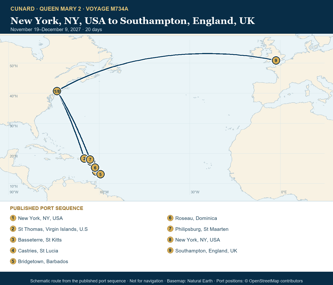 Queen Mary 2 Voyage M734A itinerary route map for New York, NY, USA to Southampton, England, UK