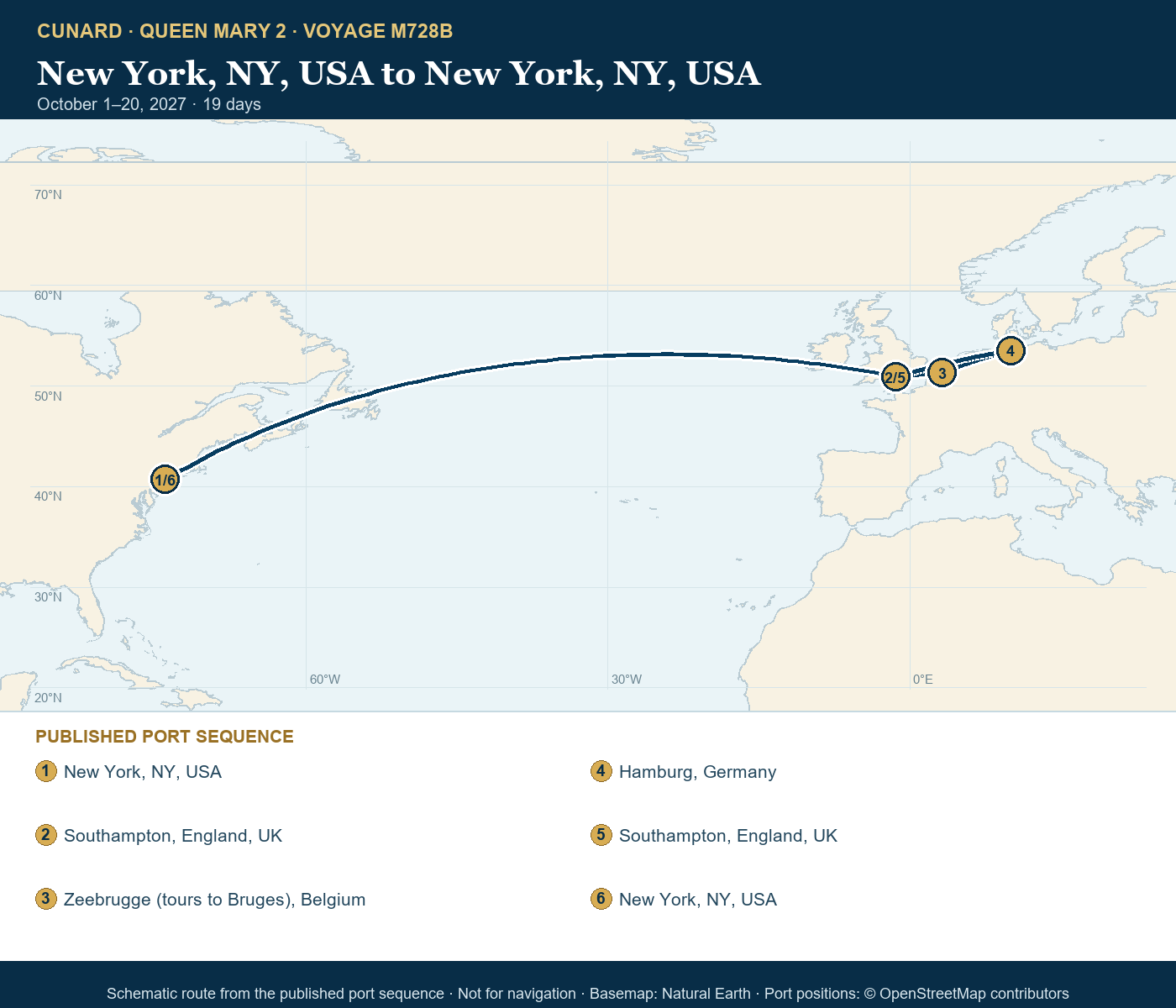 Queen Mary 2 Voyage M728B itinerary route map for New York, NY, USA to New York, NY, USA