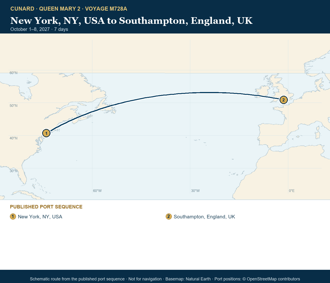 Queen Mary 2 Voyage M728A itinerary route map for New York, NY, USA to Southampton, England, UK