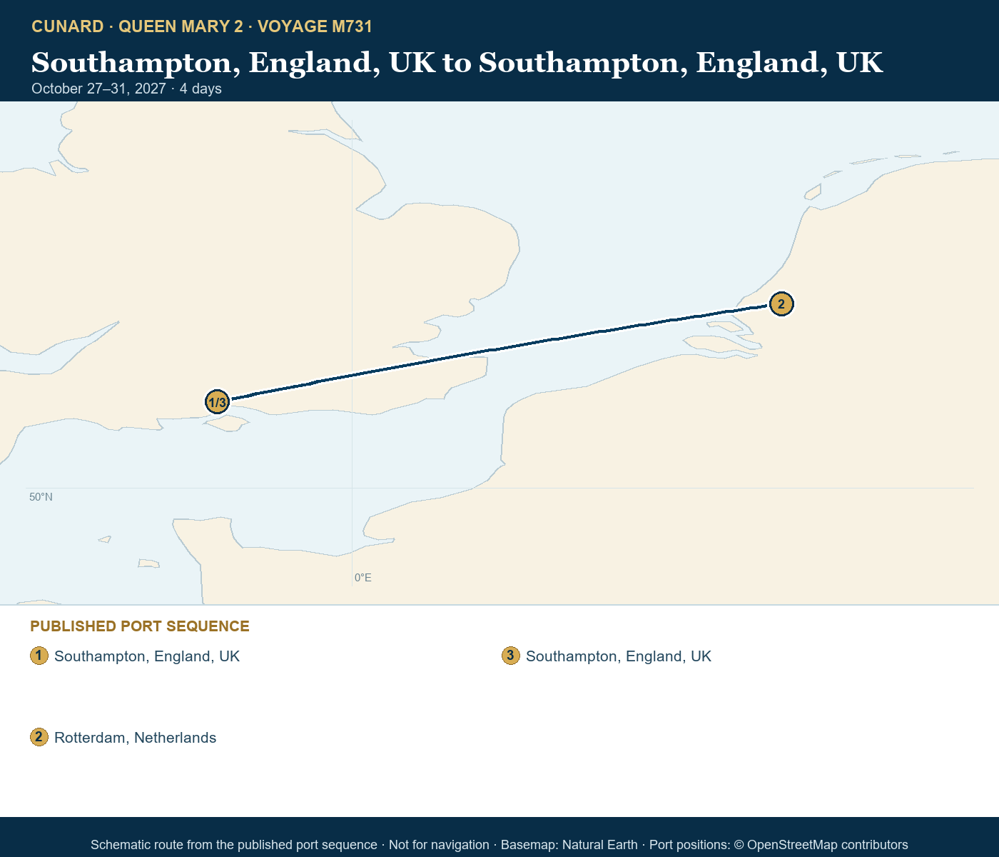 Queen Mary 2 Voyage M731 itinerary route map for Southampton, England, UK to Southampton, England, UK