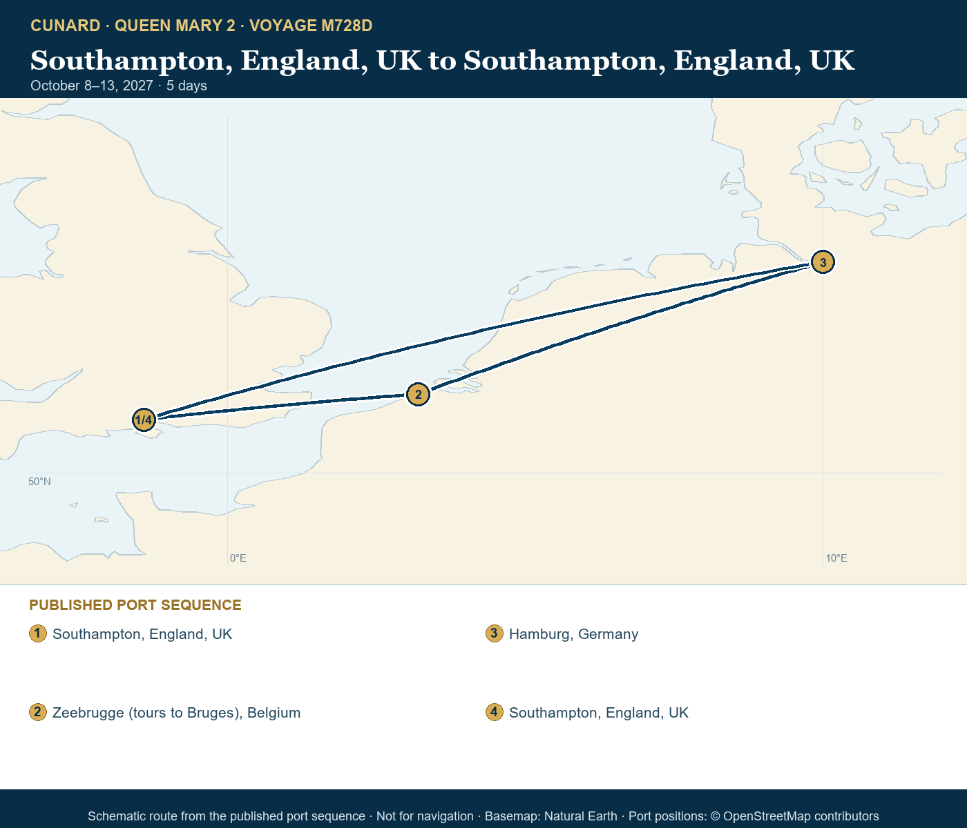 Queen Mary 2 Voyage M728D itinerary route map for Southampton, England, UK to Southampton, England, UK