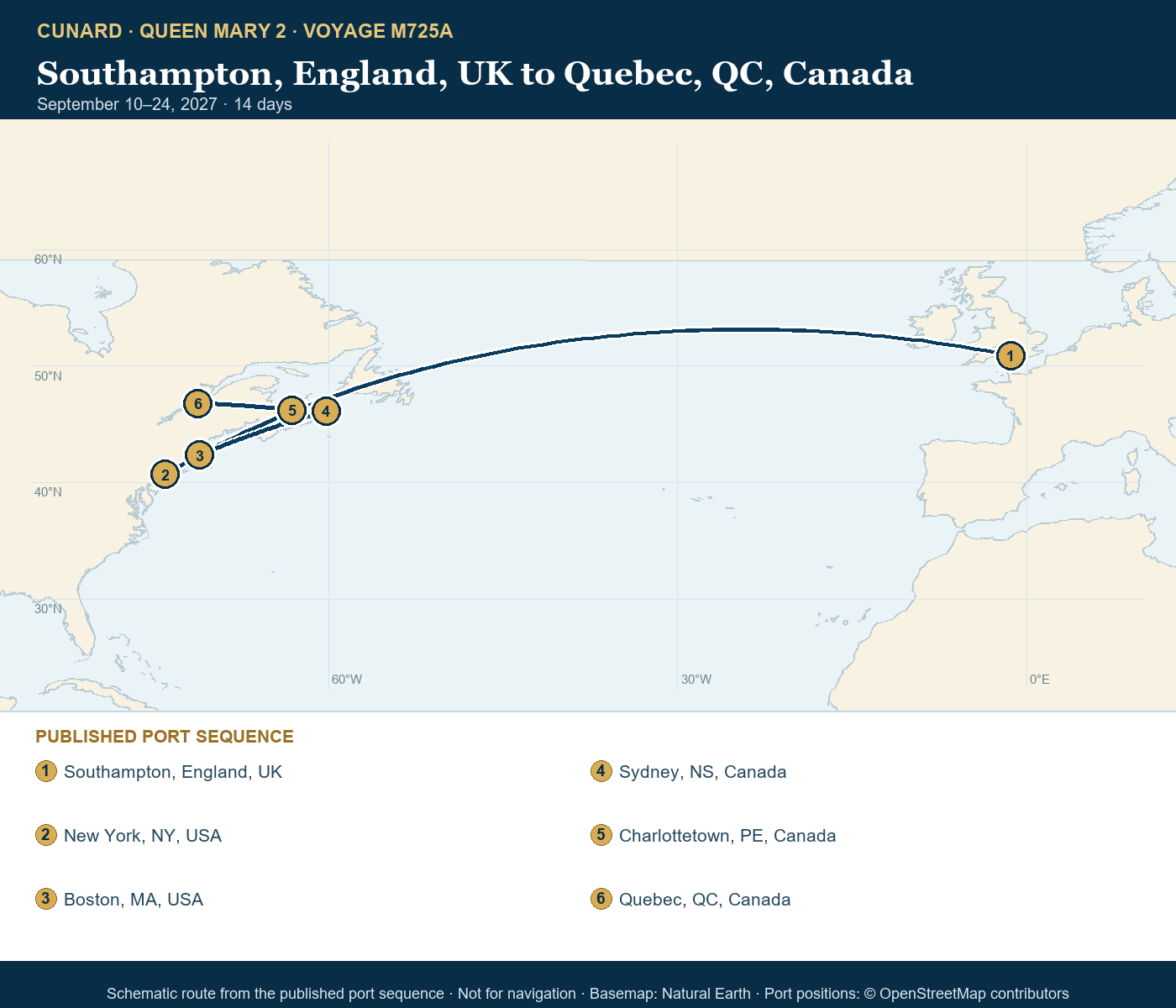 Queen Mary 2 Voyage M725A itinerary route map for Southampton, England, UK to Quebec, QC, Canada