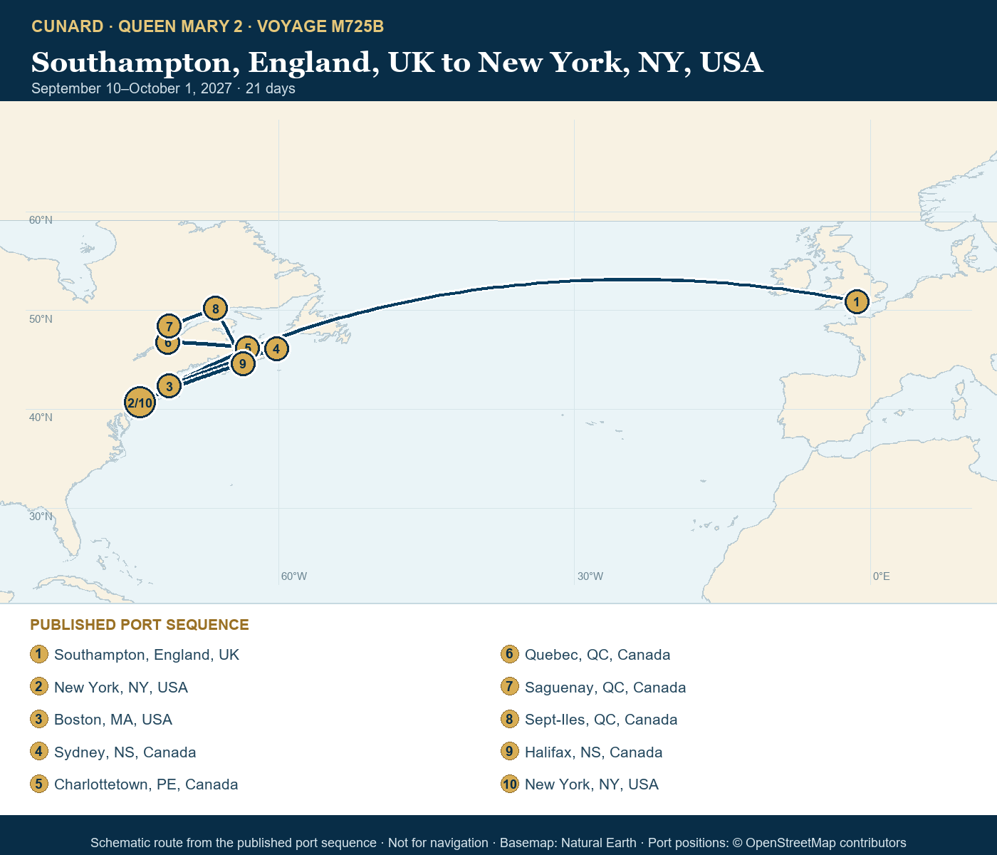 Queen Mary 2 Voyage M725B itinerary route map for Southampton, England, UK to New York, NY, USA