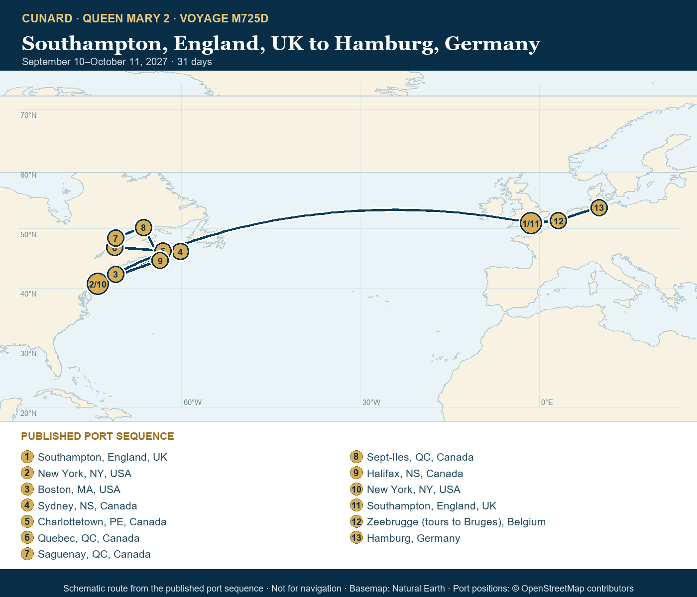 Queen Mary 2 Voyage M725D itinerary route map for Southampton, England, UK to Hamburg, Germany