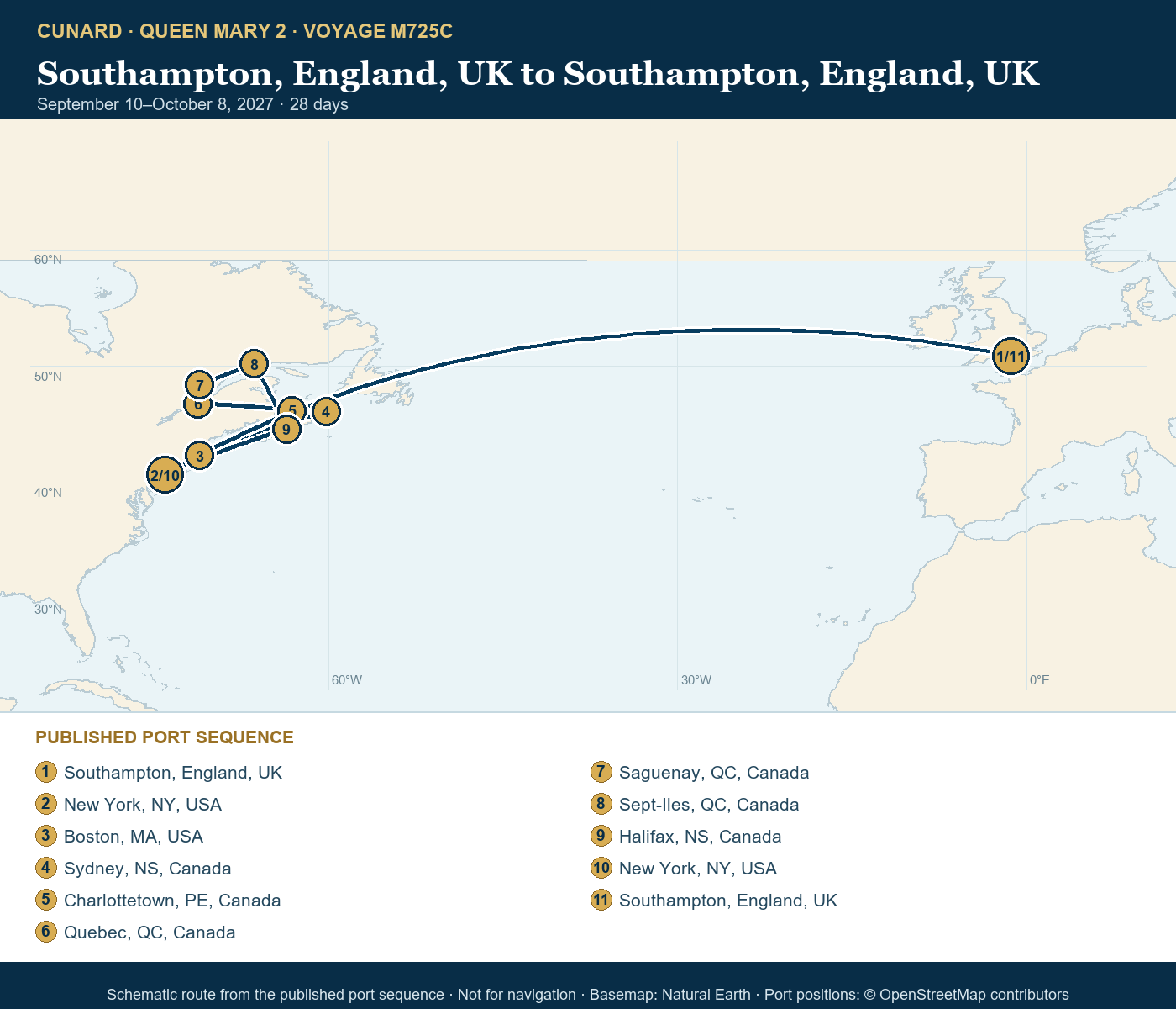 Queen Mary 2 Voyage M725C itinerary route map for Southampton, England, UK to Southampton, England, UK