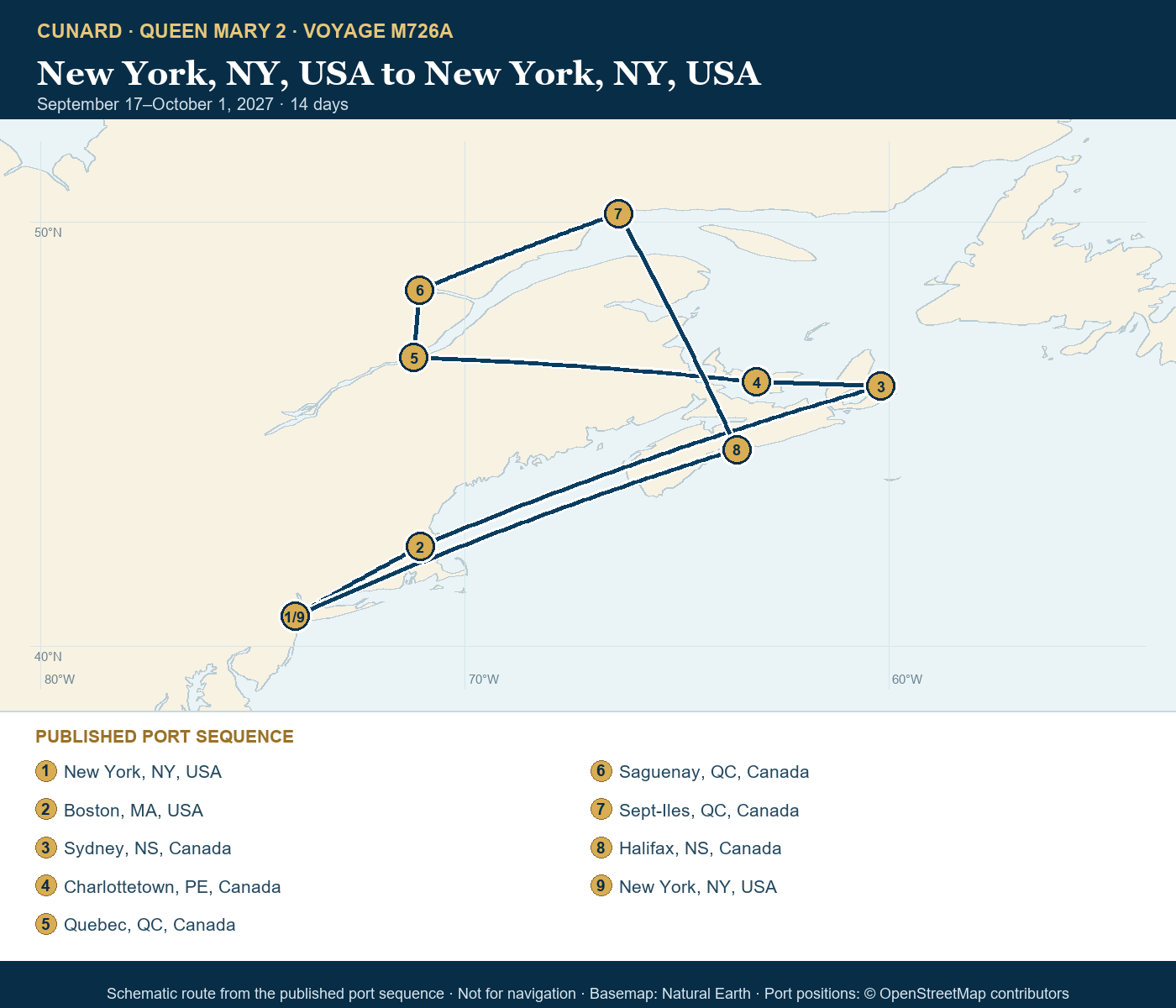 Queen Mary 2 Voyage M726A itinerary route map for New York, NY, USA to New York, NY, USA