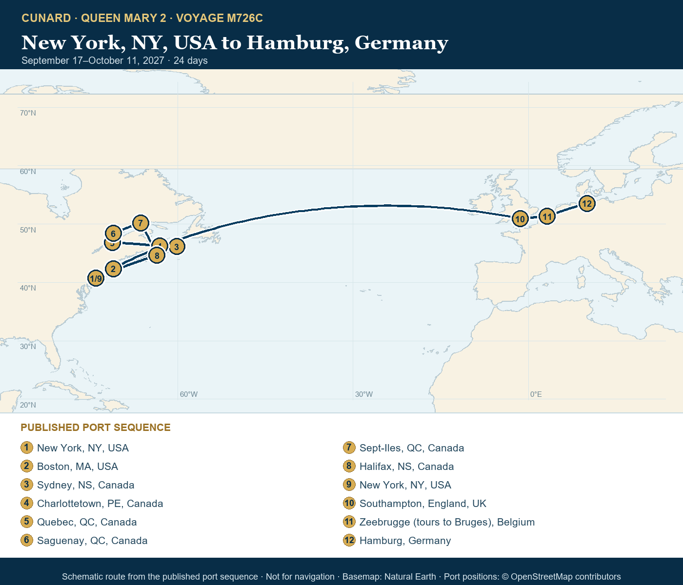 Queen Mary 2 Voyage M726C itinerary route map for New York, NY, USA to Hamburg, Germany