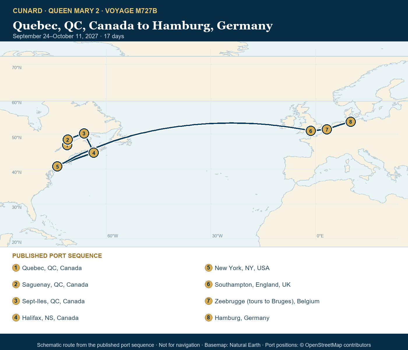 Queen Mary 2 Voyage M727B itinerary route map for Quebec, QC, Canada to Hamburg, Germany