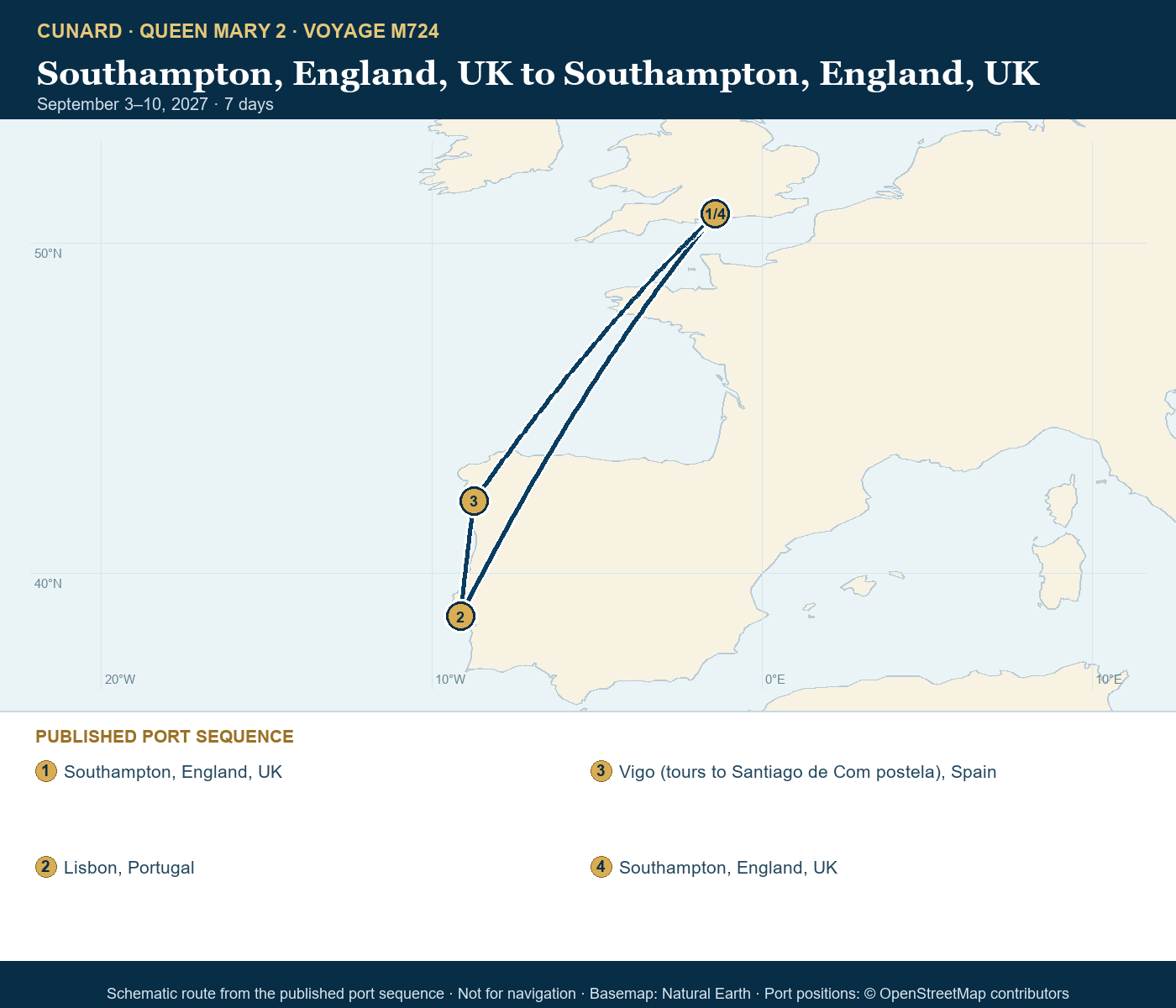 Queen Mary 2 Voyage M724 itinerary route map for Southampton, England, UK to Southampton, England, UK
