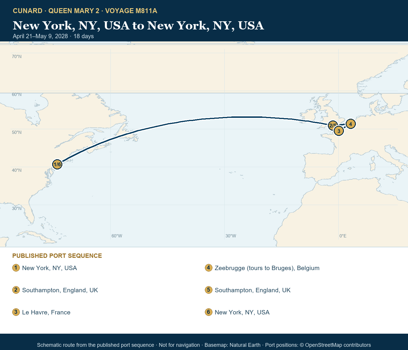 Queen Mary 2 Voyage M811A itinerary route map for New York, NY, USA to New York, NY, USA