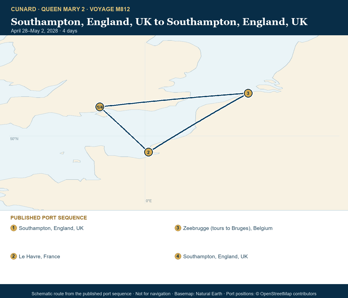 Queen Mary 2 Voyage M812 itinerary route map for Southampton, England, UK to Southampton, England, UK