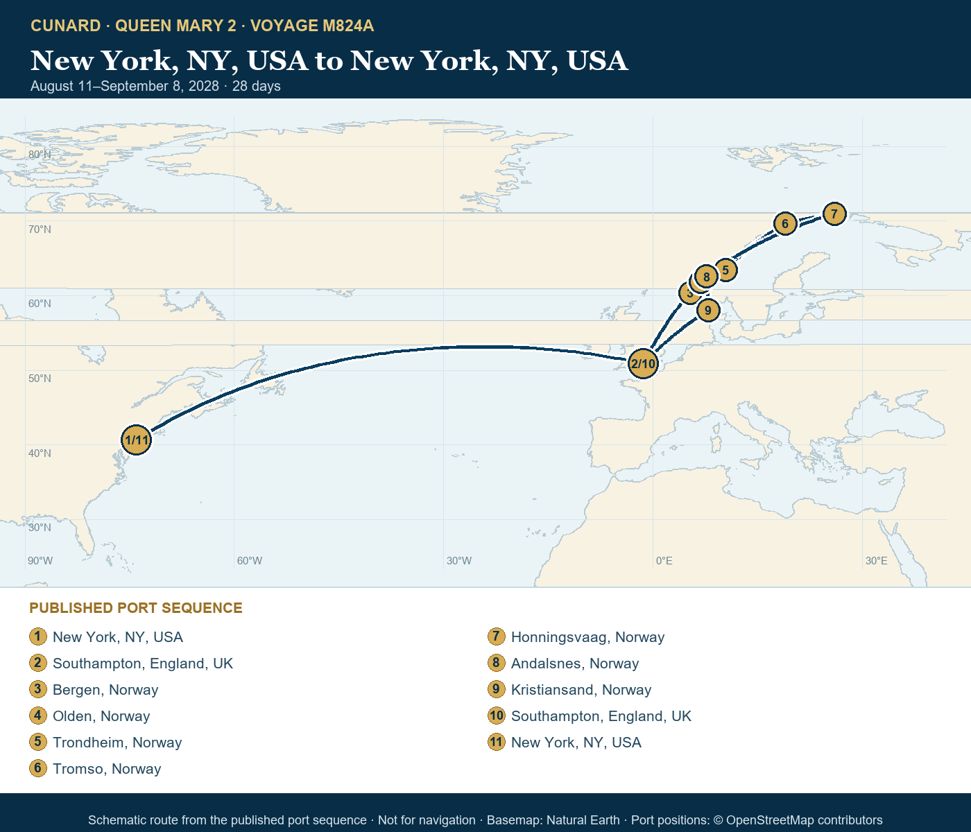Queen Mary 2 Voyage M824A itinerary route map for New York, NY, USA to New York, NY, USA