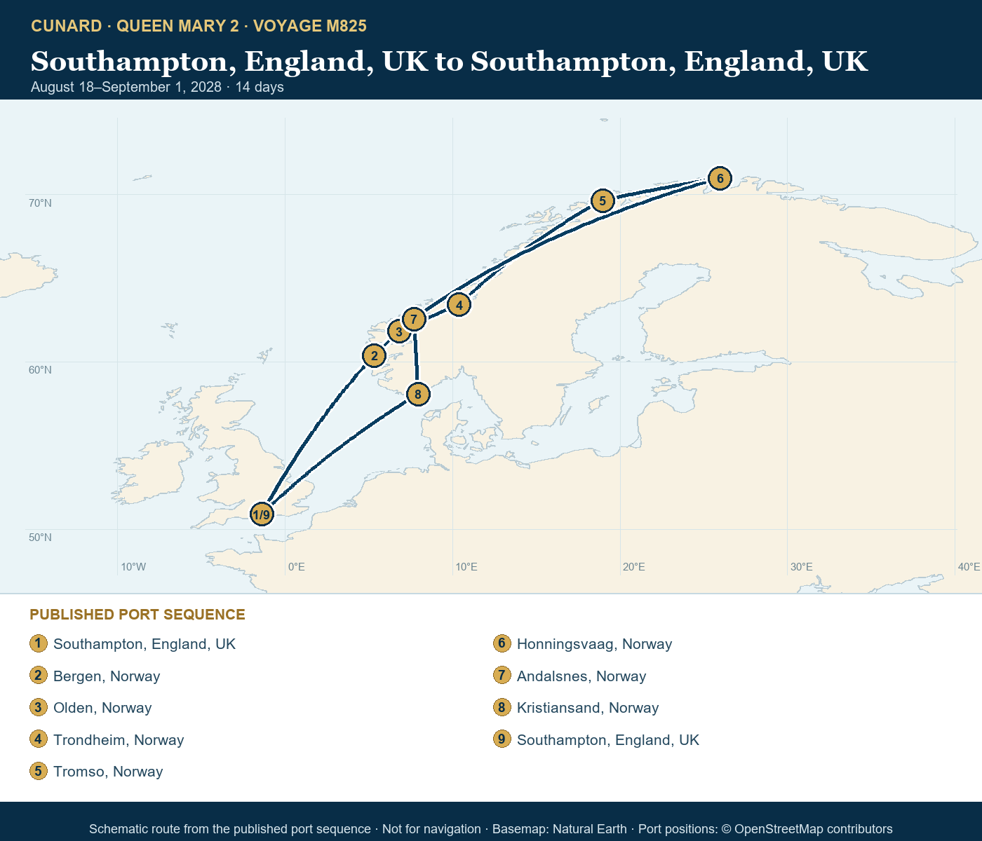 Queen Mary 2 Voyage M825 itinerary route map for Southampton, England, UK to Southampton, England, UK