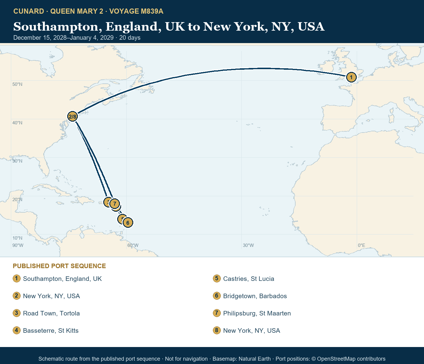 Queen Mary 2 Voyage M839A itinerary route map for Southampton, England, UK to New York, NY, USA