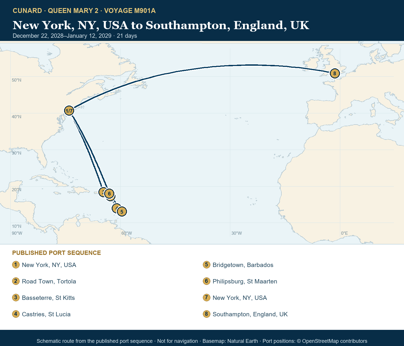 Queen Mary 2 Voyage M901A itinerary route map for New York, NY, USA to Southampton, England, UK