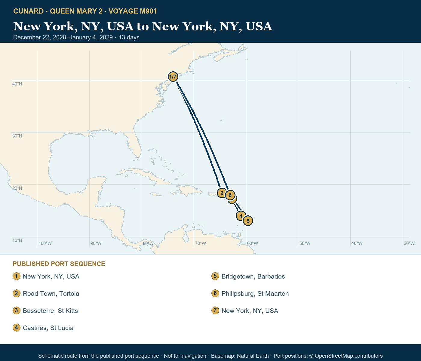 Queen Mary 2 Voyage M901 itinerary route map for New York, NY, USA to New York, NY, USA