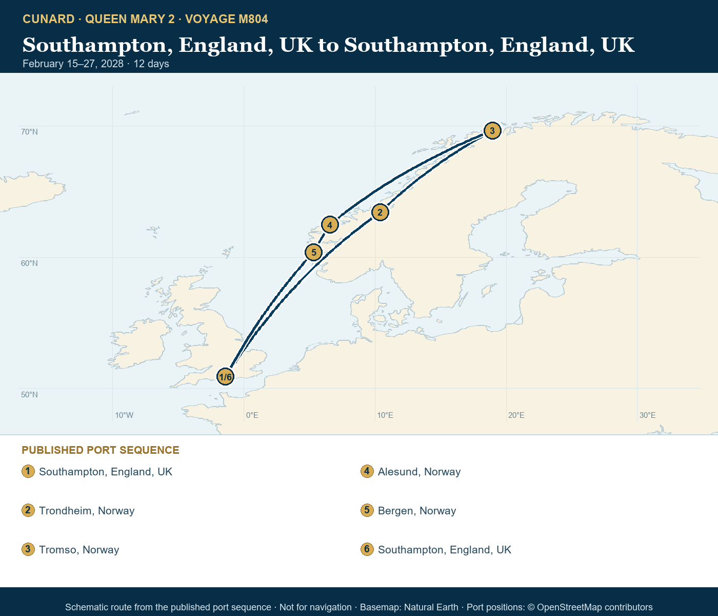 Queen Mary 2 Voyage M804 itinerary route map for Southampton, England, UK to Southampton, England, UK