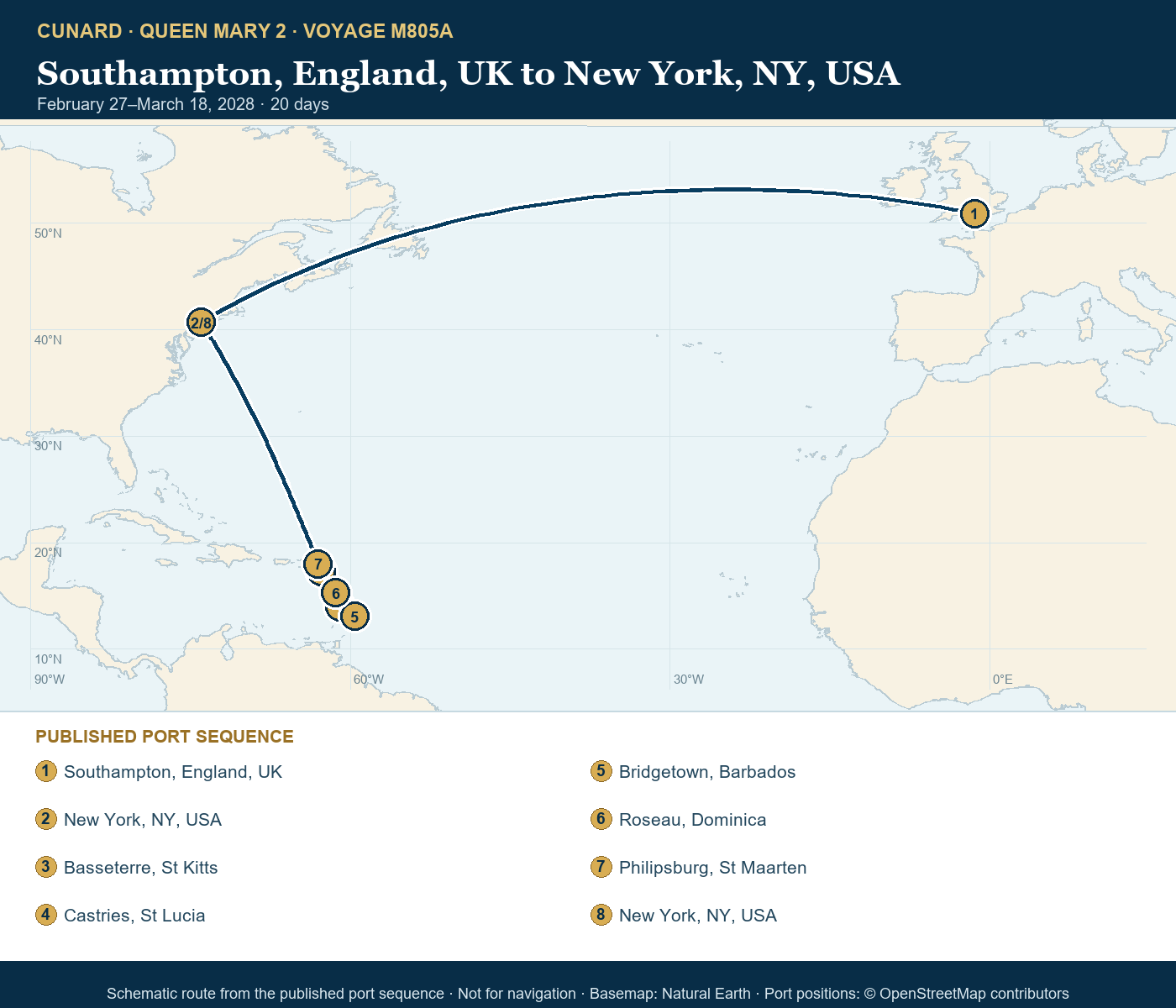 Queen Mary 2 Voyage M805A itinerary route map for Southampton, England, UK to New York, NY, USA