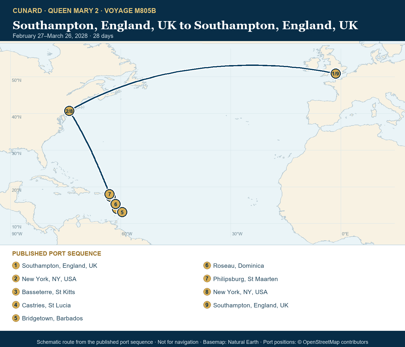 Queen Mary 2 Voyage M805B itinerary route map for Southampton, England, UK to Southampton, England, UK