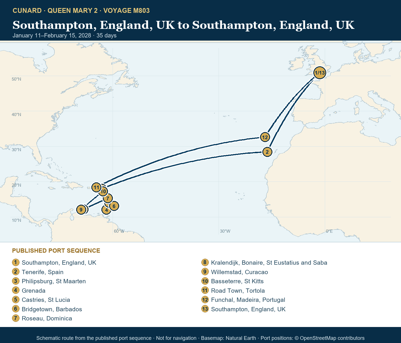 Queen Mary 2 Voyage M803 itinerary route map for Southampton, England, UK to Southampton, England, UK