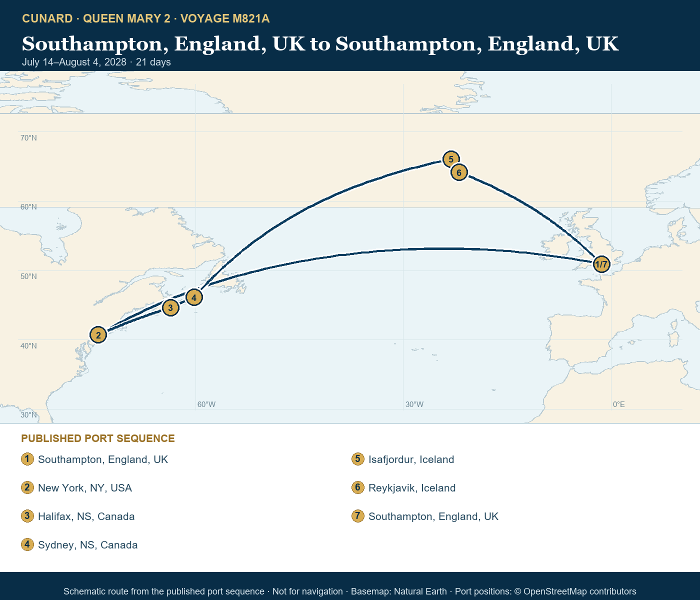 Queen Mary 2 Voyage M821A itinerary route map for Southampton, England, UK to Southampton, England, UK