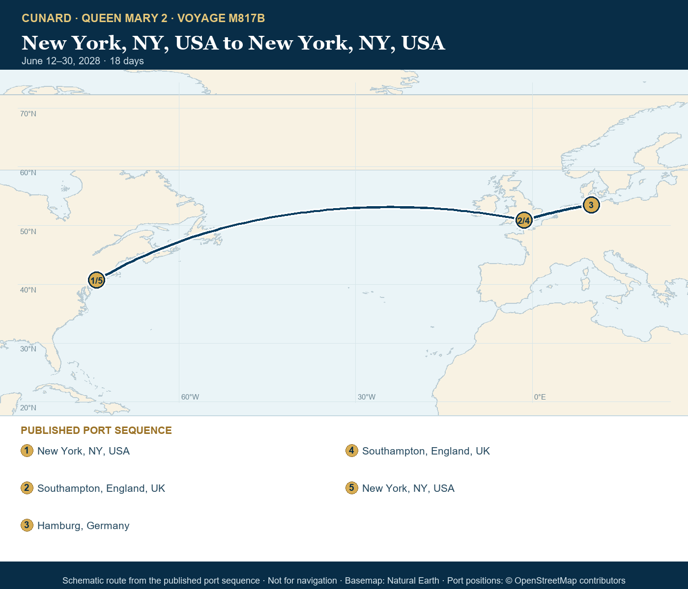 Queen Mary 2 Voyage M817B itinerary route map for New York, NY, USA to New York, NY, USA