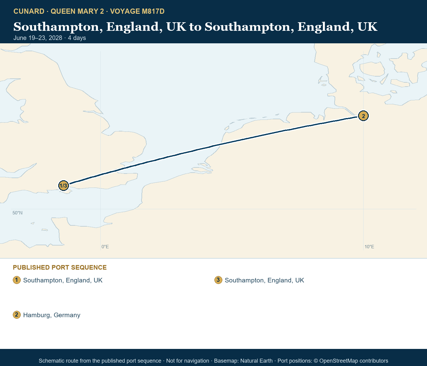 Queen Mary 2 Voyage M817D itinerary route map for Southampton, England, UK to Southampton, England, UK
