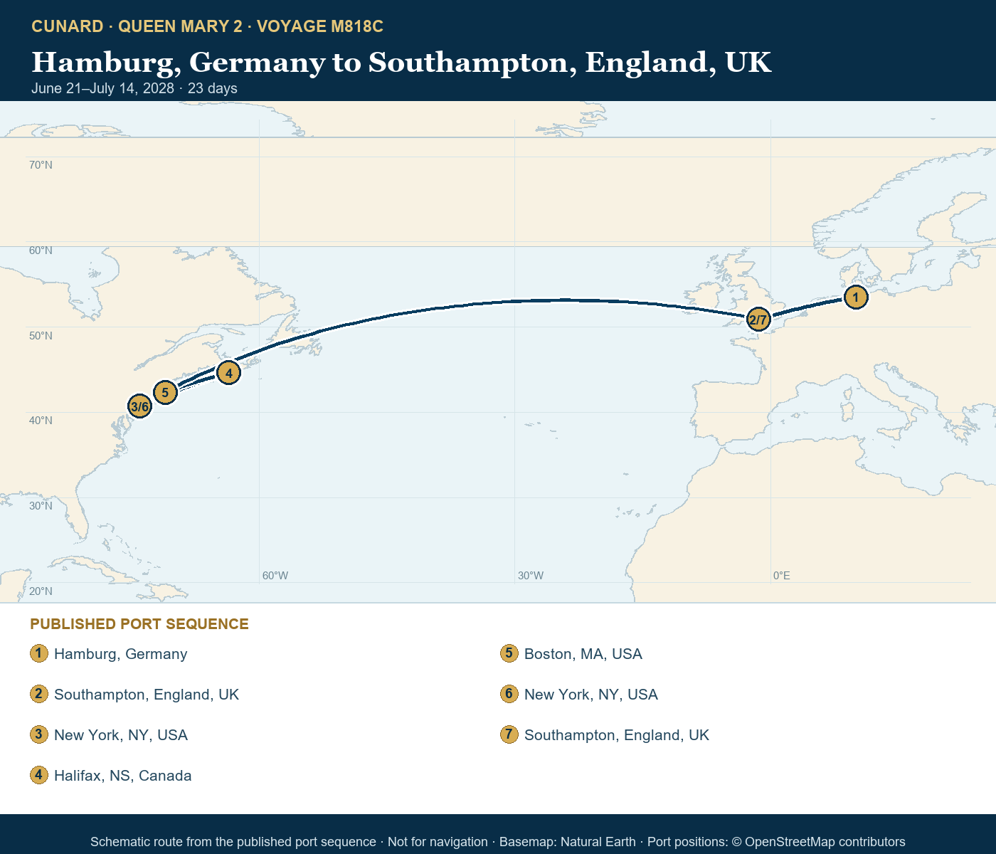 Queen Mary 2 Voyage M818C itinerary route map for Hamburg, Germany to Southampton, England, UK