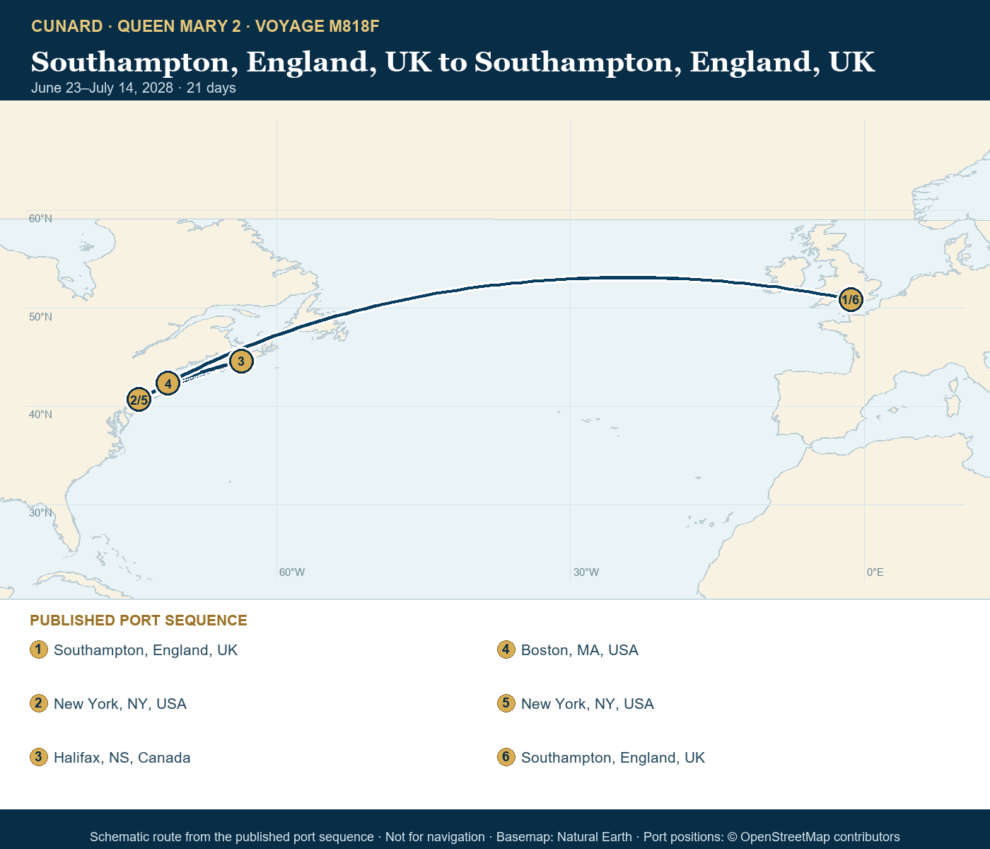 Queen Mary 2 Voyage M818F itinerary route map for Southampton, England, UK to Southampton, England, UK