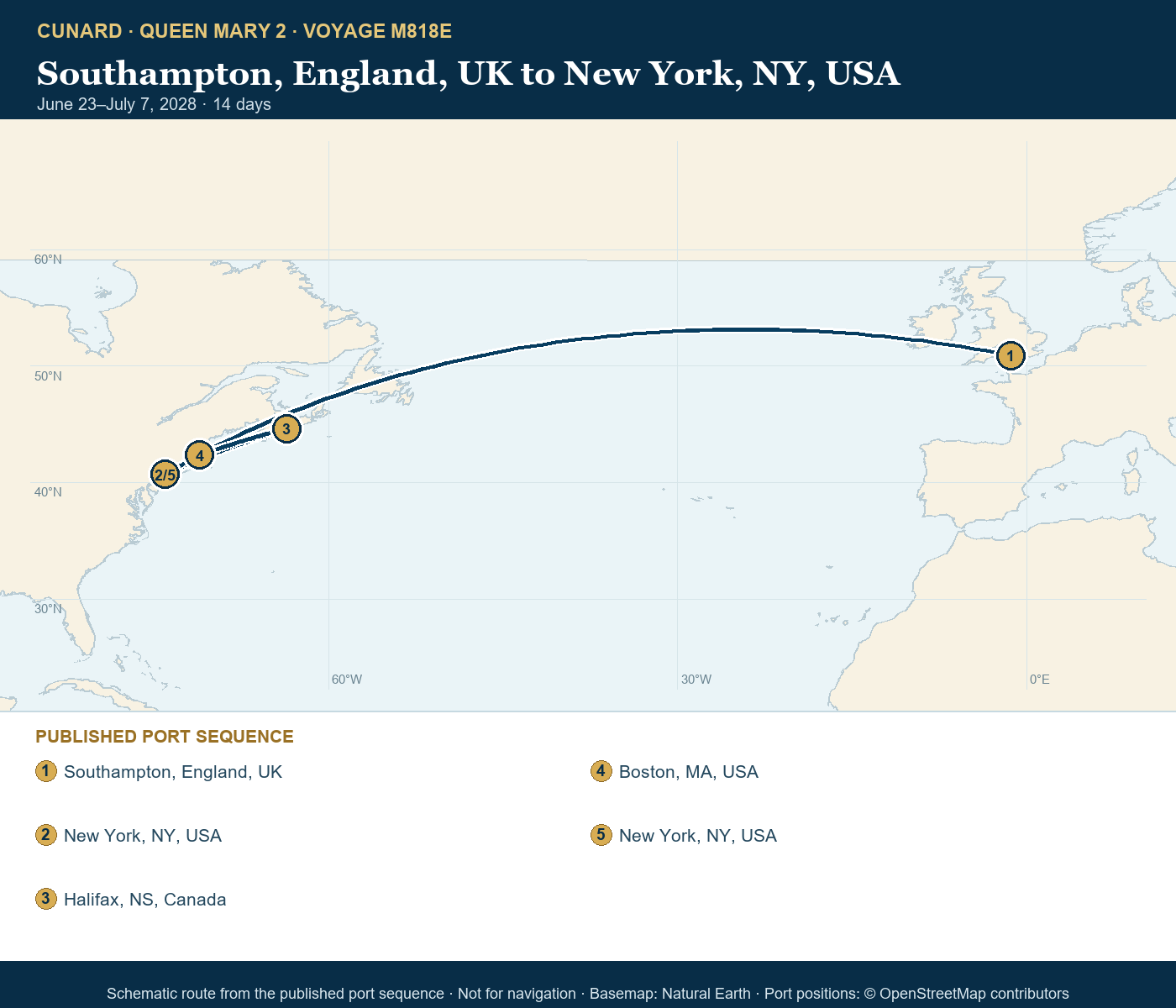 Queen Mary 2 Voyage M818E itinerary route map for Southampton, England, UK to New York, NY, USA
