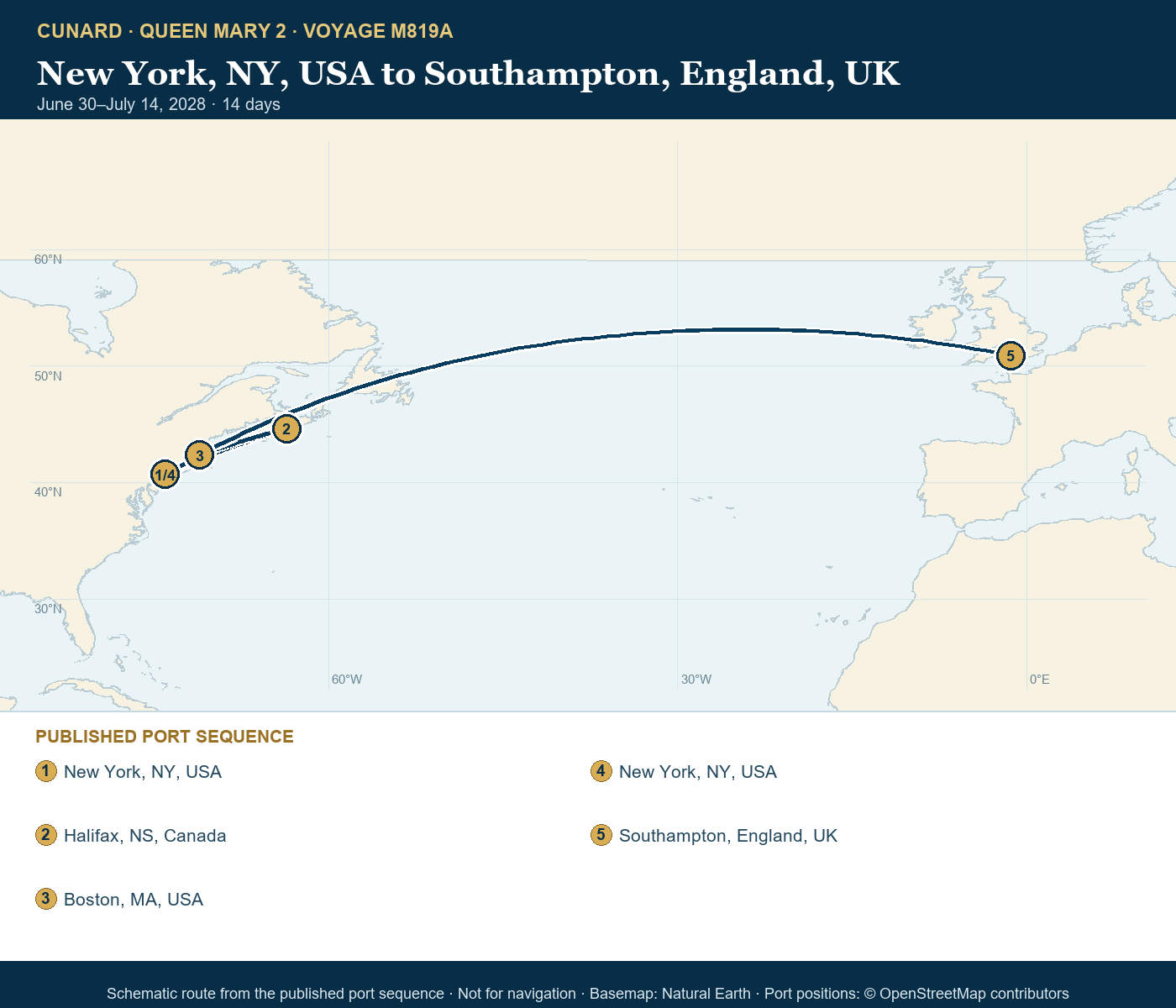 Queen Mary 2 Voyage M819A itinerary route map for New York, NY, USA to Southampton, England, UK