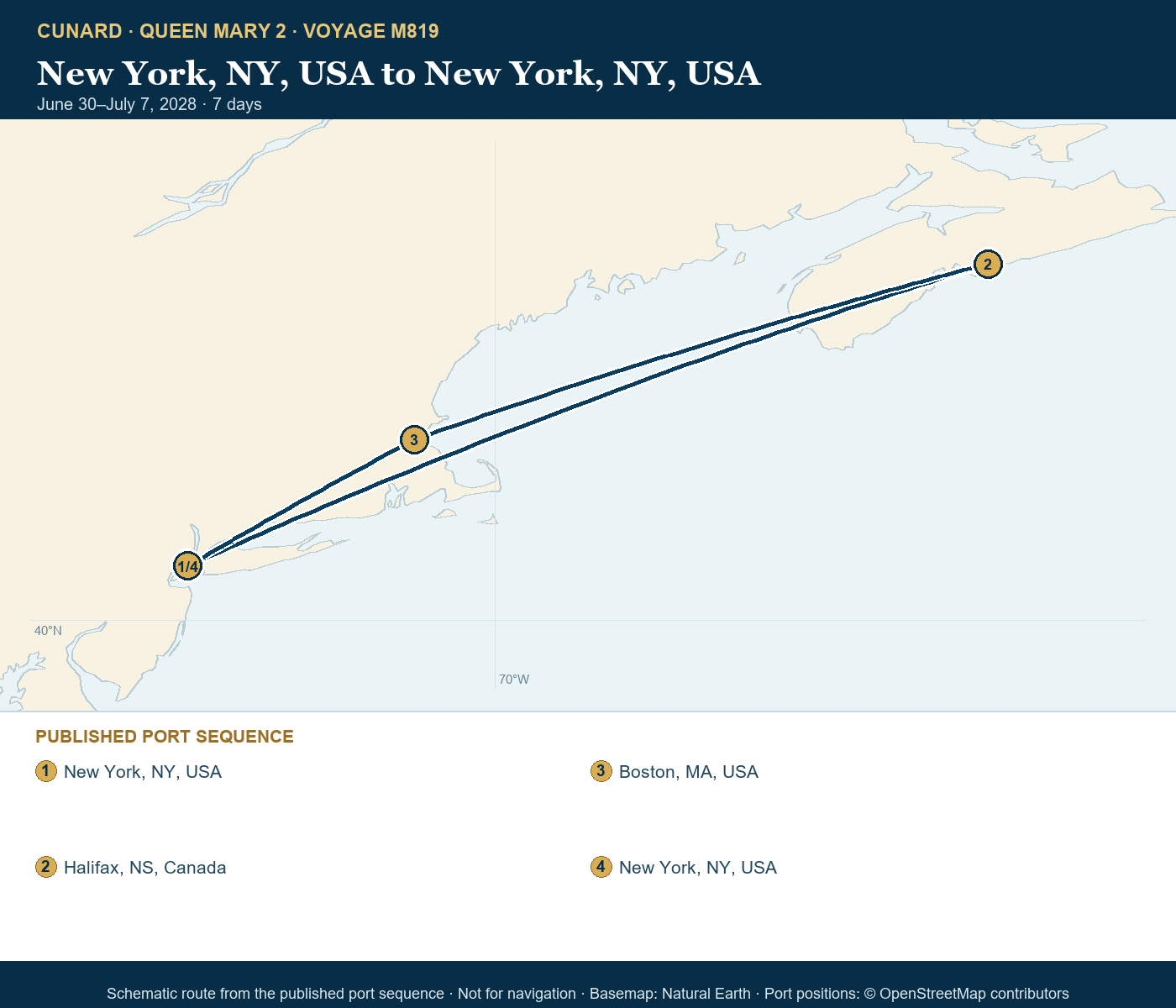 Queen Mary 2 Voyage M819 itinerary route map for New York, NY, USA to New York, NY, USA