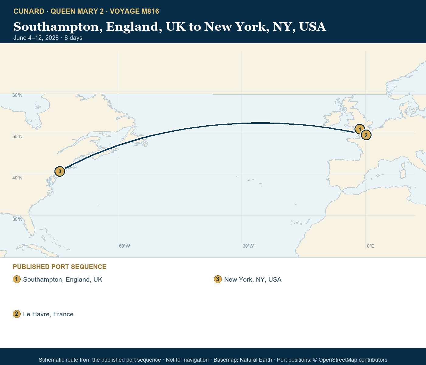 Queen Mary 2 Voyage M816 itinerary route map for Southampton, England, UK to New York, NY, USA