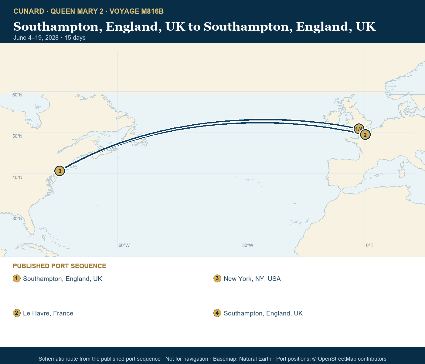 Queen Mary 2 Voyage M816B itinerary route map for Southampton, England, UK to Southampton, England, UK